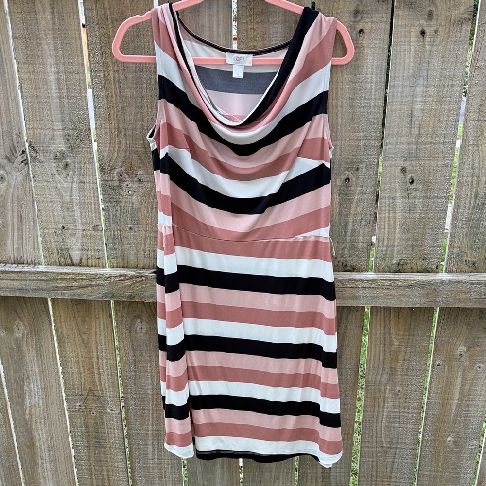 LOFT Pink and Black Striped Midi Dress